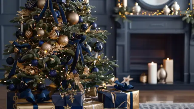 Granatowo-złota choinka: Wyrazista dekoracja na święta