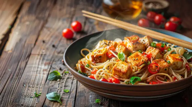 Makaron po chińsku z tofu - Przepis na makaron z tofu i pomidorami