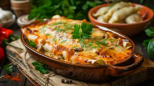 Enchilada lub pierogi z kurczakiem, serem i pieczarkami - pomysł na obiad
