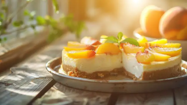 Sernik z brzoskwiniami bez spodu na dużą blachę - przepis na deser