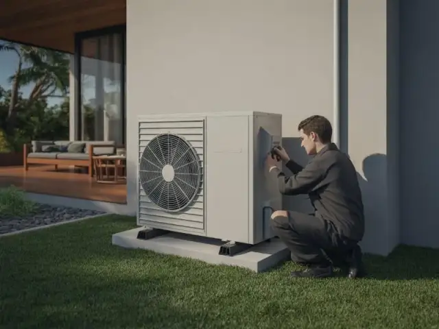 Technik reguluje ustawienia pompy ciepła na zewnątrz