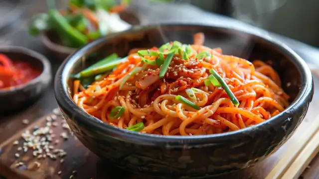 Makaron kimchi - Przepis na pikantny makaron z kimchi i warzywami