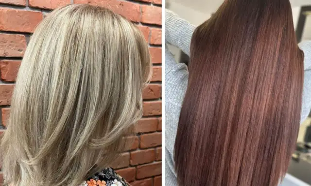 Dwa piękne kolory włosów: jasny blond z refleksami i głęboki brąz.