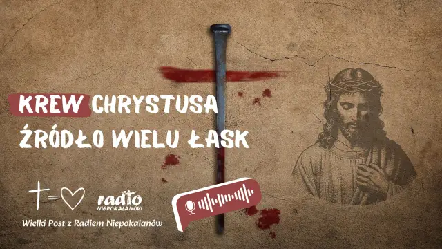 Krew Chrystusa, źródło wielu łask. Obraz z gwoździem i koroną cierniową, symbolizujący ofiarę.