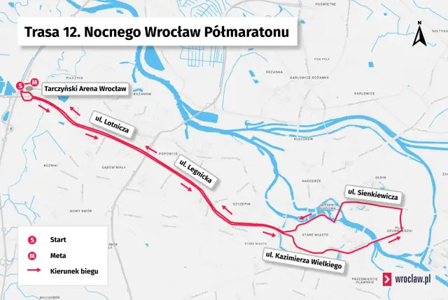Trasa 12. Nocnego Wrocław Półmaratonu: start przy Tarczyński Arena, meta na Placu Grunwaldzkim. Trasa wiedzie przez ul. Lotniczą, Legnicką, Sienkiewicza i Kazimierza Wielkiego.