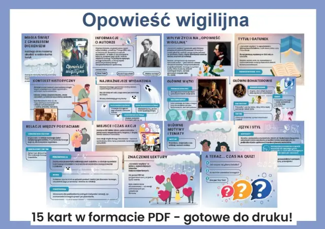 Plakat "Opowieść wigilijna" zawiera plan wydarzeń, informacje o autorze, bohaterach, motywach i kontekście historycznym.