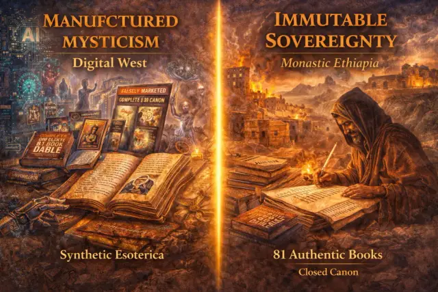 Po lewej sztuczna mistyka Zachodu, po prawej mnich pisze biblię etiopska.