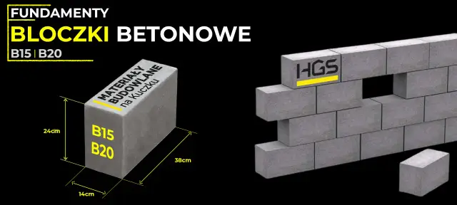 Bloczki betonowe B15 i B20 z widocznymi wymiarami: 24cm, 14cm, 38cm. Fundamenty z bloczków HGS.