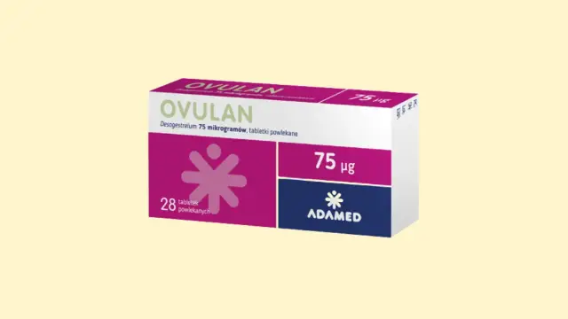 Opakowanie leku OVULAN 75 µg, zawierające 28 tabletek powlekanych. Preparat z desogestrelem, stosowany m.in. w antykoncepcji.