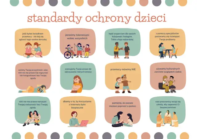 Standardy ochrony dzieci, w tym ustawa Kamilka, promują bezpieczeństwo i szacunek. Ilustracje pokazują dzieci w różnych sytuacjach, od zgłaszania przemocy po wspieranie rówieśników.