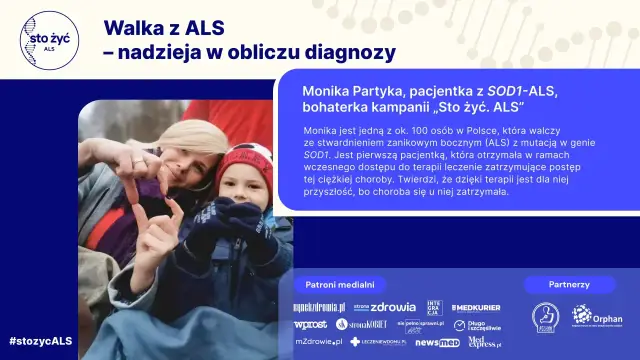 Kobieta i dziecko tworzą serce dłońmi. Monika Partyka, pacjentka z SOD1-ALS, walczy o życie. #stozycALS to nadzieja.