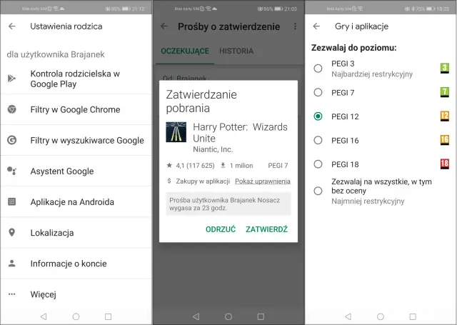 Ekran telefonu z ustawieniami rodzicielskimi. Widoczna jest prośba o zatwierdzenie pobrania gry, a także opcje ustawień PEGI. To może pomóc w zrozumieniu, jak odinstalować Family Link.