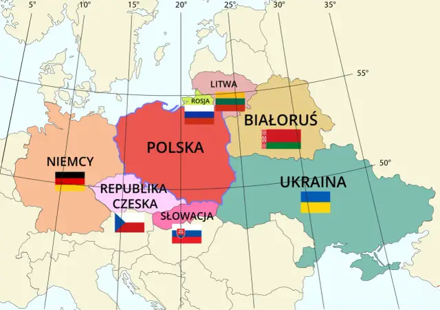 Mapa Europy Środkowej. Polska graniczy na wschodzie z Litwą, Białorusią i Ukrainą.