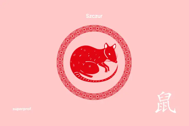 Szczur, chiński znak zodiaku 1996, w czerwonej, stylizowanej formie na różowym tle.