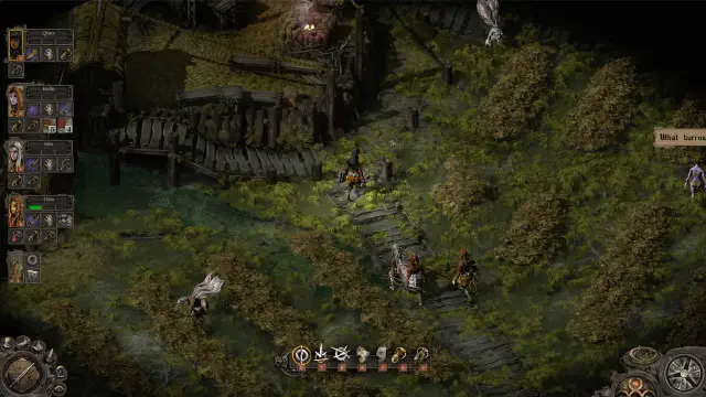 Postacie w mrocznym crpg co to za świat? Drużyna przemierza zniszczony, zielony teren.
