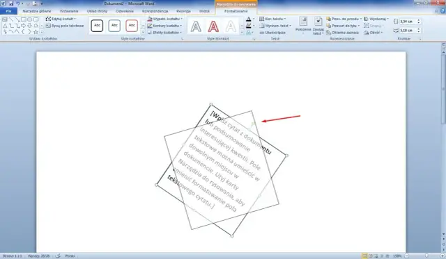 Narzędzia do rysowania w Wordzie pokazują, jak obrócić kartkę w programie. Czerwona strzałka wskazuje uchwyt obrotu.