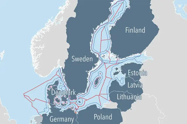 Mapa pokazuje Morze Bałtyckie i kraje nad nim leżące. Norwegia nie graniczy z Morzem Bałtyckim, ale z Morzem Północnym.