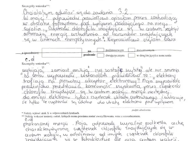 Odwołanie od oceny pracy nauczyciela: błędne opisanie procesu fotosyntezy i roli chlorofilu w centrum reakcji.