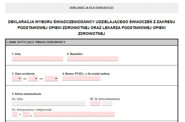 Formularz deklaracji wyboru lekarza rodzinnego. Wypełnij dane osobowe, adresowe i PESEL, aby zmienić lekarza rodzinnego.