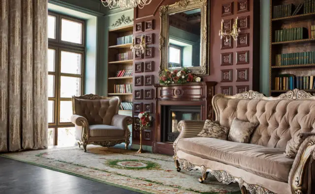 Elegancki salon w stylu wiktoriańskim: aksamitna kanapa, fotele, kominek, lustro i regały z książkami.