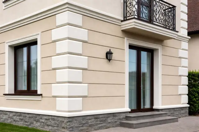 Eleganckie boniowanie podkreśla narożnik jasnego domu z brązowymi oknami i drzwiami.