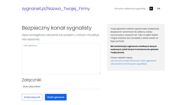 Bezpieczny kanał dla sygnalisty. Formularz do zgłaszania nieprawidłowości, z opcją anonimowości.