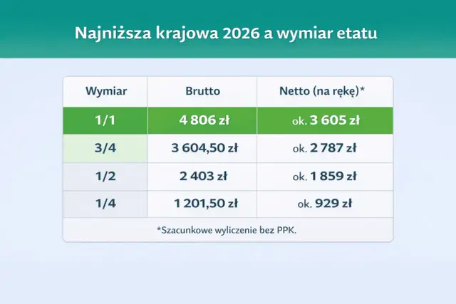 Tabela pokazuje najniższą krajową brutto w 2026 r. w zależności od wymiaru etatu: 1/1 to 4806 zł, 3/4 to 3604,50 zł, 1/2 to 2403 zł, 1/4 to 1201,50 zł.