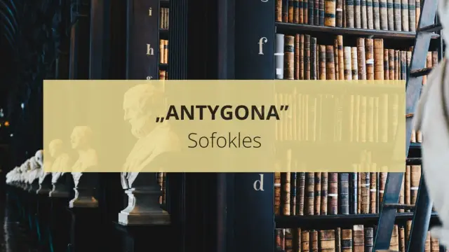 Antygona Sofoklesa – najważniejsze informacje o tej klasycznej tragedii. Tło to biblioteka z rzeźbami i starymi księgami.