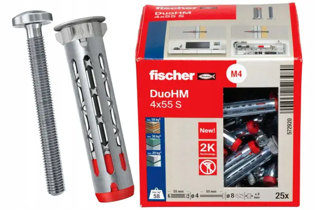 Kołki ślimakowe do karton gipsu Fischer DuoHM 4x55 S, idealne do mocowania ciężkich przedmiotów. Zestaw 25 sztuk.