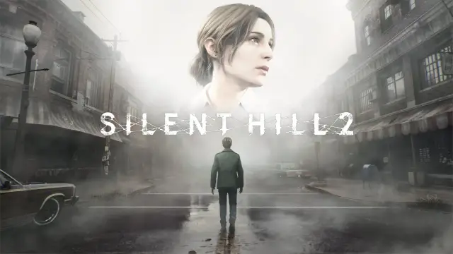 Mroczna ulica w **Silent Hill 2**. Mężczyzna w zielonej kurtce stoi na środku drogi, a nad nim unosi się twarz kobiety.