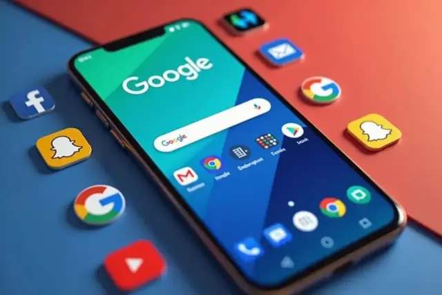 Smartfon z paskiem wyszukiwania Google. Ikony Facebook, Snapchat, YouTube i Google unoszą się wokół. Jak dodać pasek wyszukiwania Google?