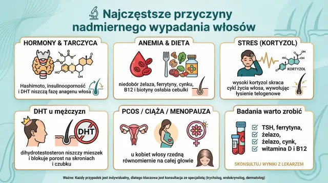 Wypadanie włosów przyczyny: hormony, anemia, stres, DHT u mężczyzn, PCOS/ciąża/menopauza. Badania: TSH, ferrytyna, żelazo, cynk, wit. D i B12.
