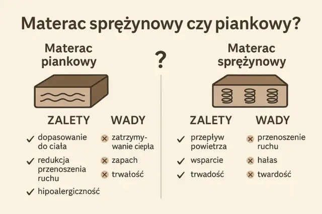 Porównanie materacy: piankowy vs sprężynowy. Ranking materacy piankowych a sprężynowych co wybrać dla kręgosłupa. Zalety i wady obu typów.