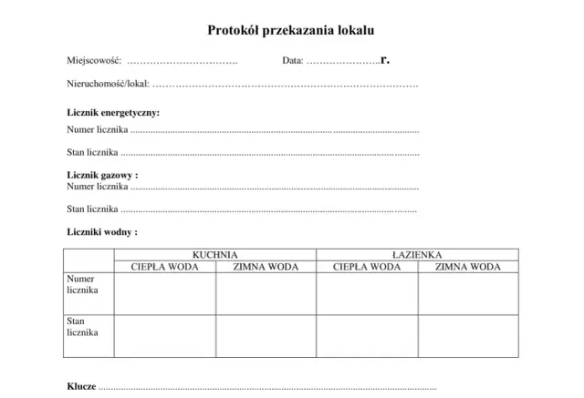 Formularz protokół zdawczo odbiorczy lokalu, zawierający pola na dane nieruchomości, liczniki (energetyczny, gazowy, wodne w kuchni i łazience) oraz klucze.