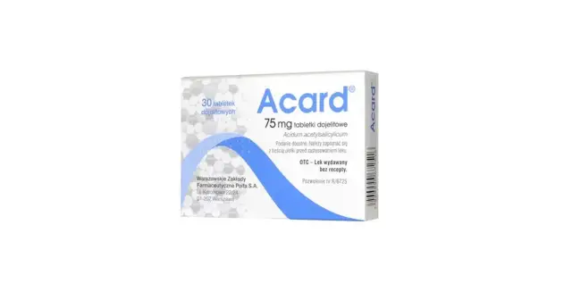 Opakowanie leku Acard 75 mg, stosowanego m.in. przez kobiety w ciąży, z informacją o 30 tabletkach dojelitowych.