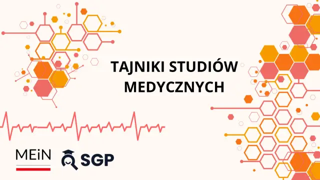 Grafika z hasłem "Tajniki studiów medycznych" i symbolem EKG. Dowiadujemy się, ile trwa zostanie lekarzem.