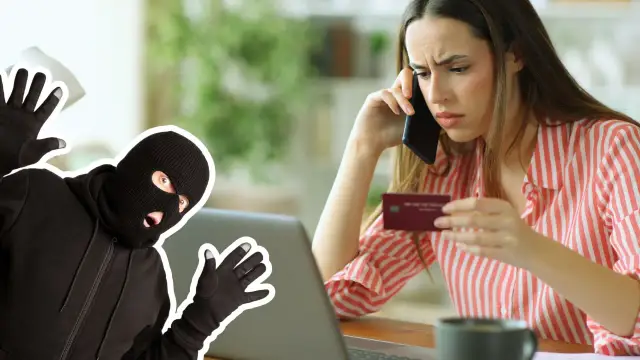 Kobieta z kartą kredytową na telefonie, obok złodziej w kominiarce. Uważaj na fałszywe sklepy internetowe – lista ostrzeżeń.