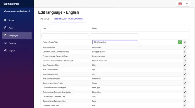 Panel administracyjny aplikacji **Blazor** do edycji tłumaczeń interfejsu. Widok "Edit language - English" z kluczami i wartościami.