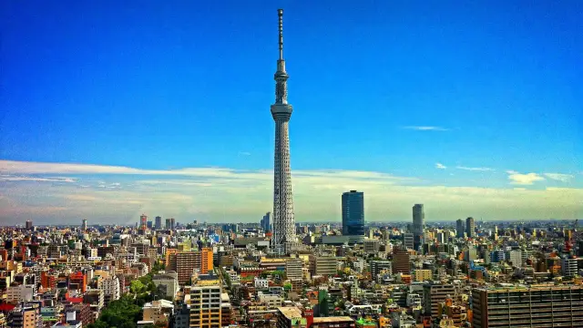 Tokio, największe miasto świata pod względem powierzchni, z dominującą wieżą Skytree na tle błękitnego nieba.
