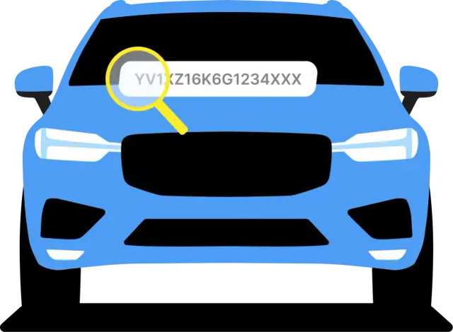 Niebieskie Volvo z lupą powiększającą numer VIN. Ułatwia to rozkodowanie VIN Volvo.