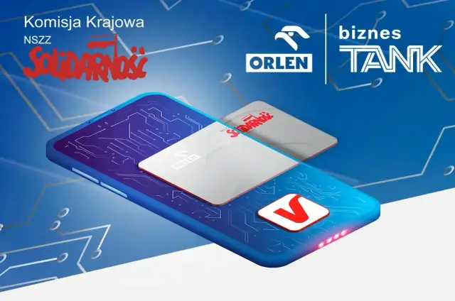 Smartfon z kartami Orlen Biznestank i Solidarność, symbolizujący cyfrowe rozwiązania dla biznesu i pracowników.