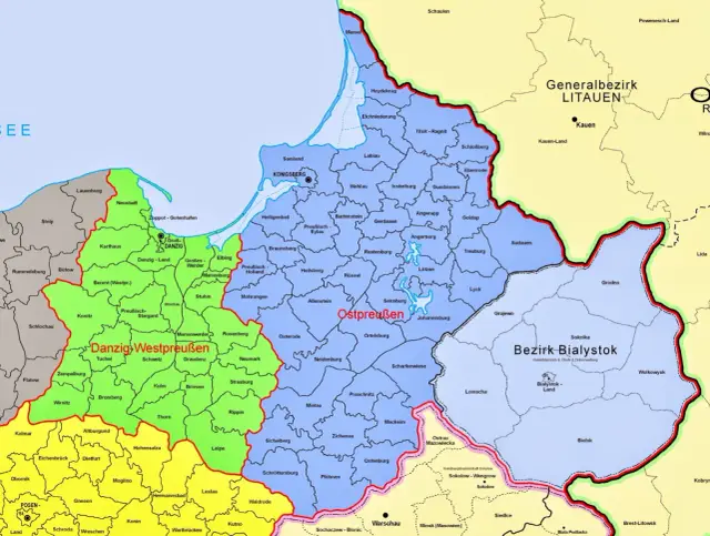 Mapa administracyjna z okresu II wojny światowej, pokazująca Prusy Wschodnie, Danzig-Westpreußen i Okręg Białystok.