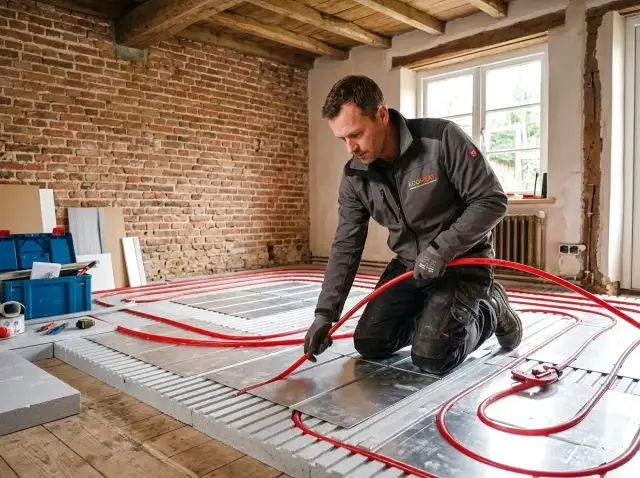 Instalator układa rury ogrzewania podłogowego, uwzględniając rozszerzalność cieplną materiałów.