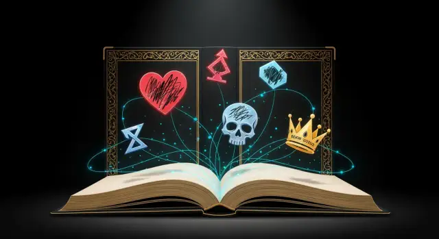 Otwarta księga z magicznymi symbolami: serce, czaszka, korona, klejnoty i runy. To jakby topos opowieści o potędze wiedzy.