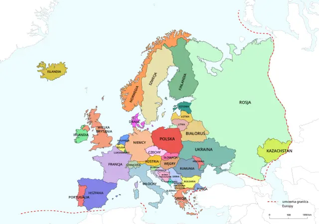 Mapa Europy. Zobacz, z kim graniczy Bułgaria: Rumunia, Serbia, Macedonia Północna, Grecja i Turcja.