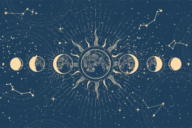 Cykl księżyca i słońce na tle nocnego nieba z konstelacjami. Idealne dla osób urodzonych 5 kwietnia, znak zodiaku Baran.