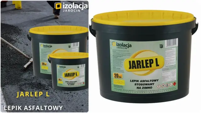 Czarny wiaderko z żółtą pokrywą, zawierające lepik asfaltowy JARLEP L. Produkt przeznaczony do stosowania na zimno.