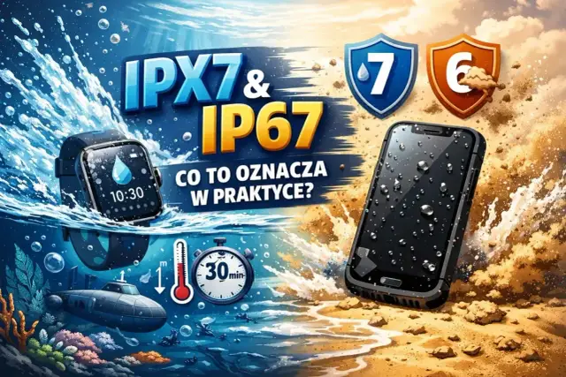 Smartwatch i smartfon z certyfikatem IP67 zanurzone w wodzie. Wskazują na odporność na zanurzenie do 1 metra przez 30 minut.