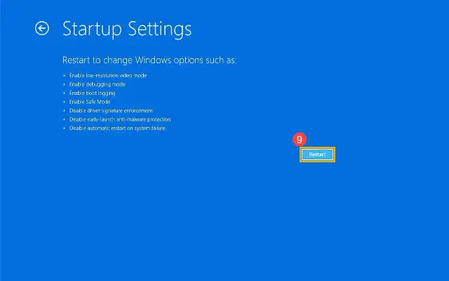 Ekran "Startup Settings" w Windows 11. Wybierz opcję "Restart" (9), aby wejść w tryb awaryjny lub zmienić inne ustawienia startowe.