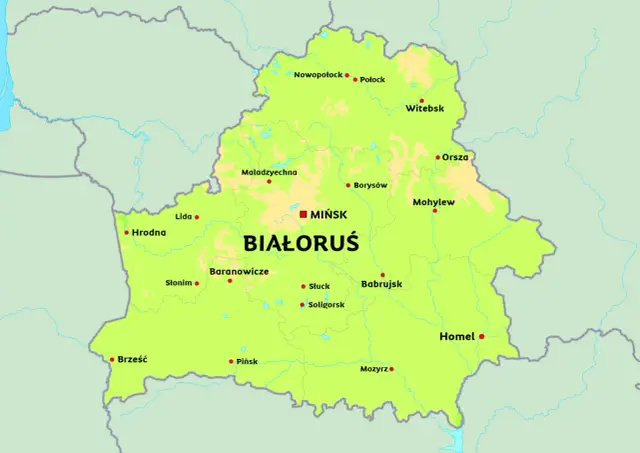 Mapa Białorusi z zaznaczonymi miastami. Zobacz, z kim graniczy Białoruś, poznaj jej sąsiadów.